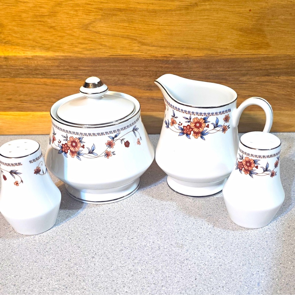 Vintage Sheffield Anniversary China Floral Cream, Sugar, Salt & Pepper, Set Of 4